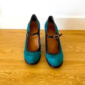 Chie Mihara Turquoise and Black Suede Heels